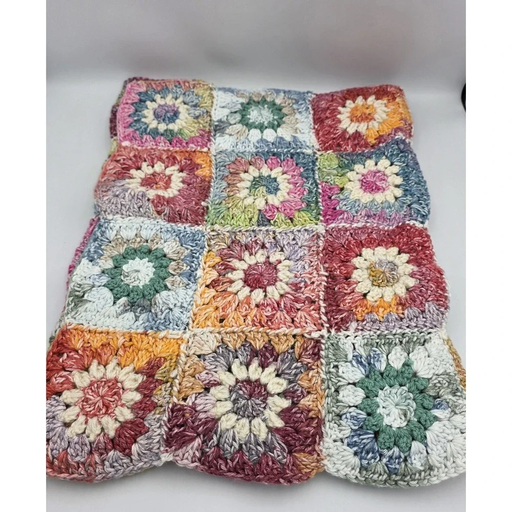 Handmade Multicolor Crochet Granny Floral  Squares Table Runner Cottagecore
